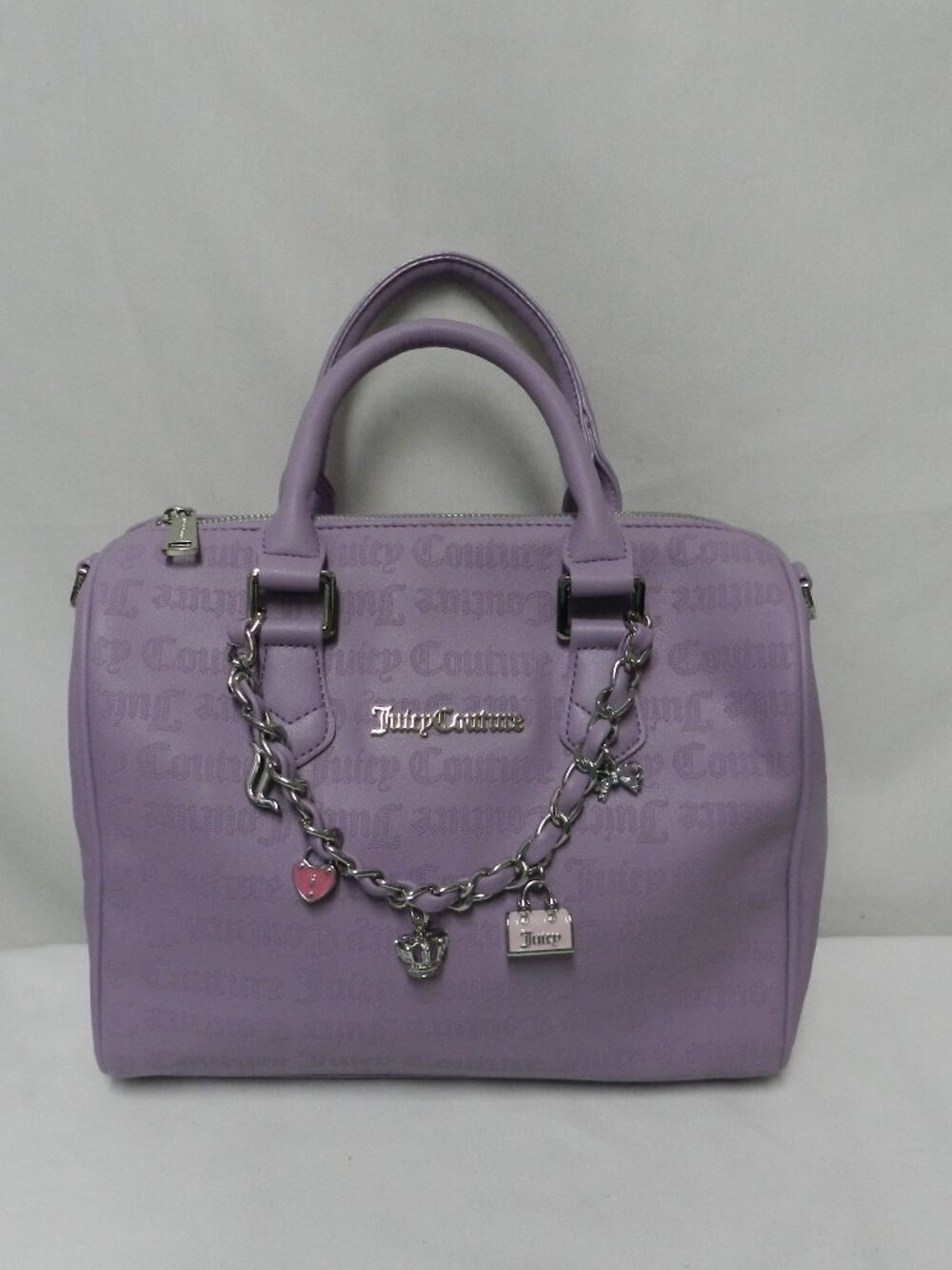 Juicy Couture faux leather barrel tote bag purse Purple zip top  Chain w/ Jewels